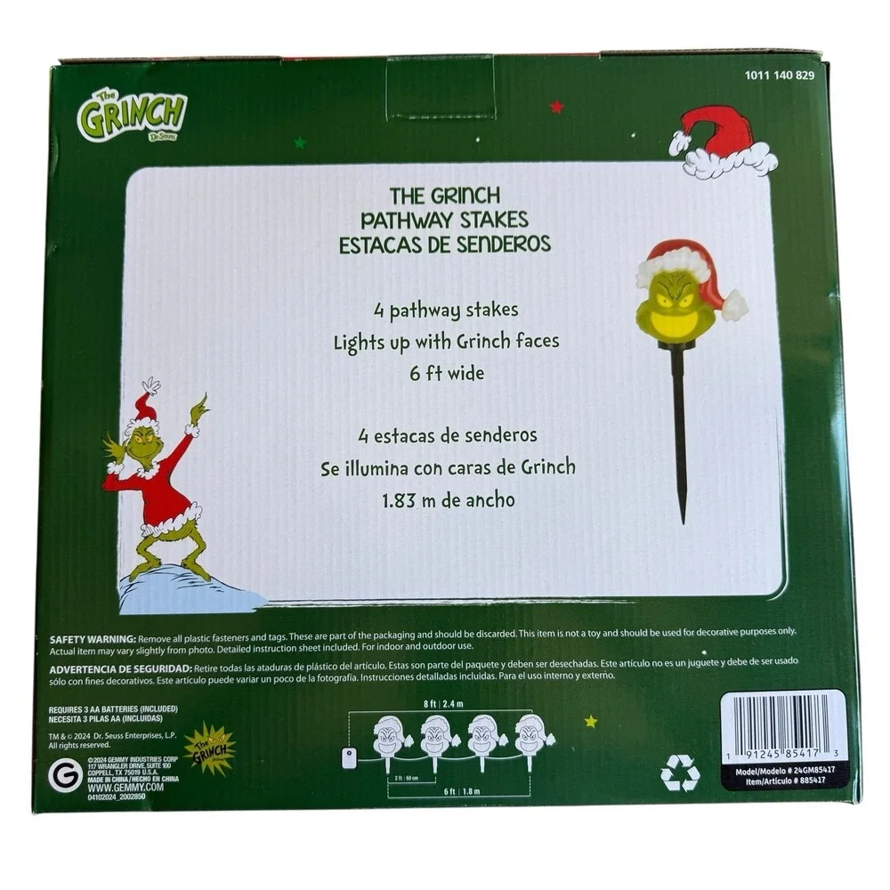 Gemmy Christmas Grinch Battery-Operated Pathway Stakes (4 Count) With Santa Hat‎
